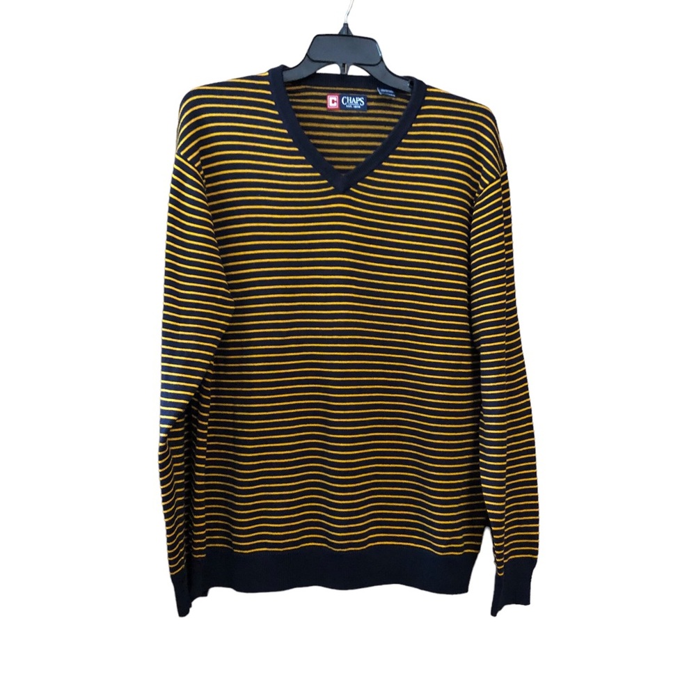 CHAPS Men’s Dark Navy & Gold Striped V-Neck Sweater Size XL